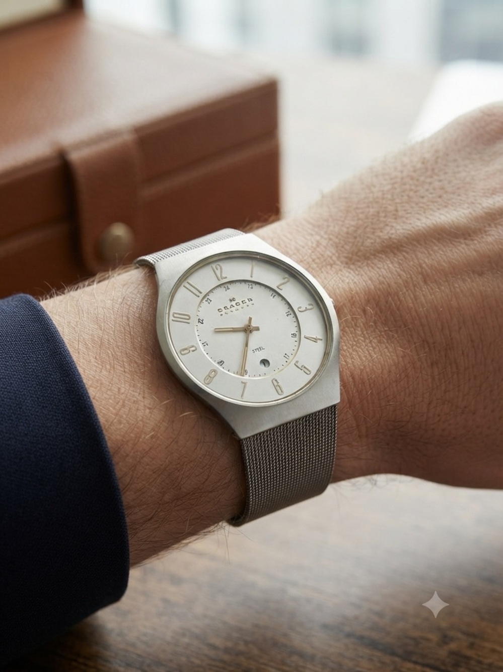 Skagen Silver Mesh Watch with White Dial